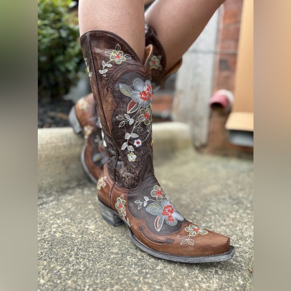 Old Gringo Bonnie Brass Floral Embroidered Leather Western Boots Brown Tall 8.5 - Picture 2 of 12